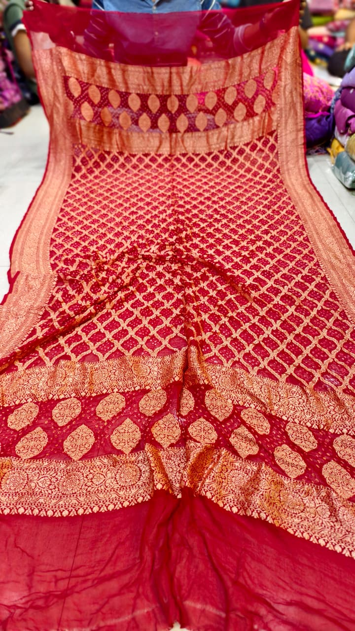Pure Banarasi Georgette Hand Bandhej Neemzari Dupatta