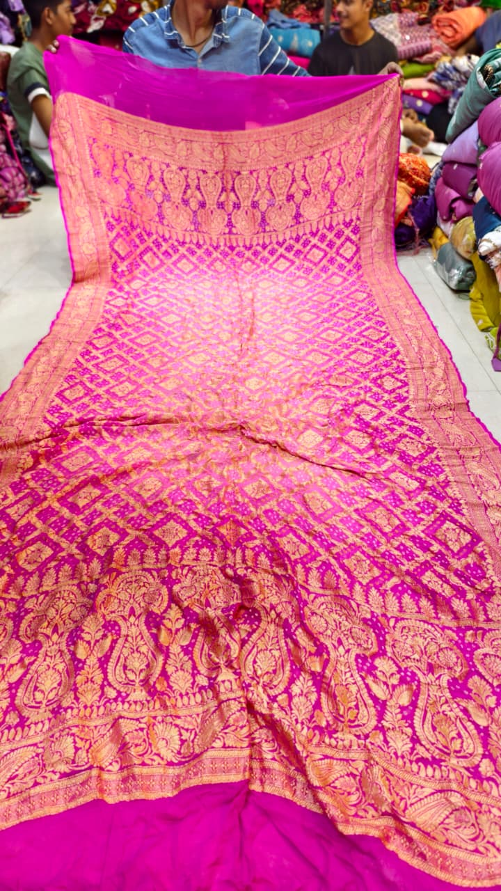 Pure Banarasi Georgette Hand Bandhej Neemzari Dupatta