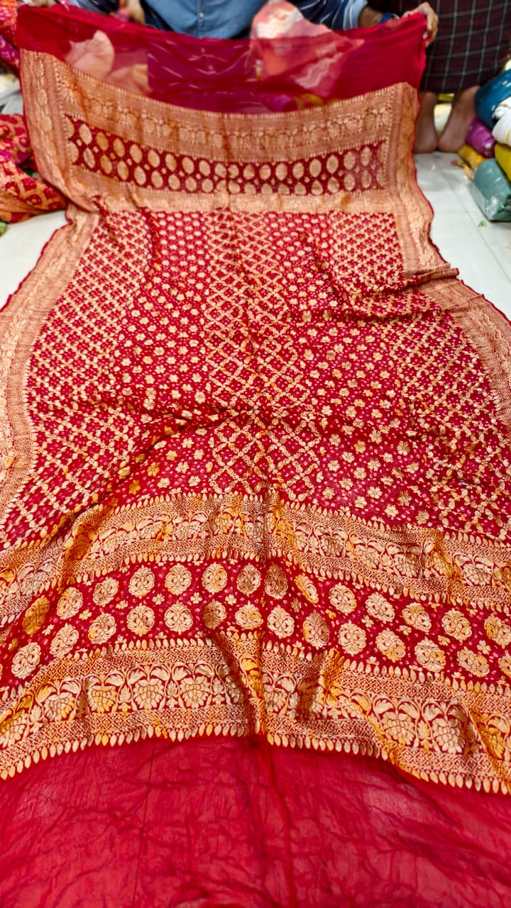 Pure Banarasi Georgette Hand Bandhej Neemzari Dupatta