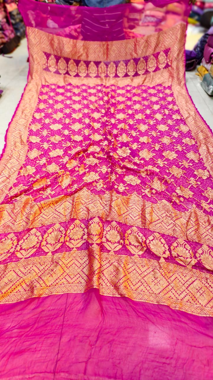 Pure Banarasi Georgette Hand Bandhej Neemzari Dupatta