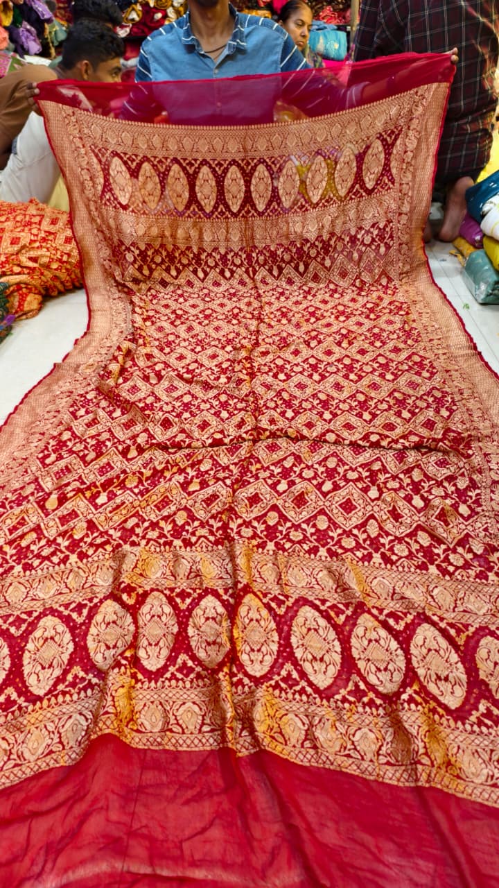 Pure Banarasi Georgette Hand Bandhej Neemzari Dupatta