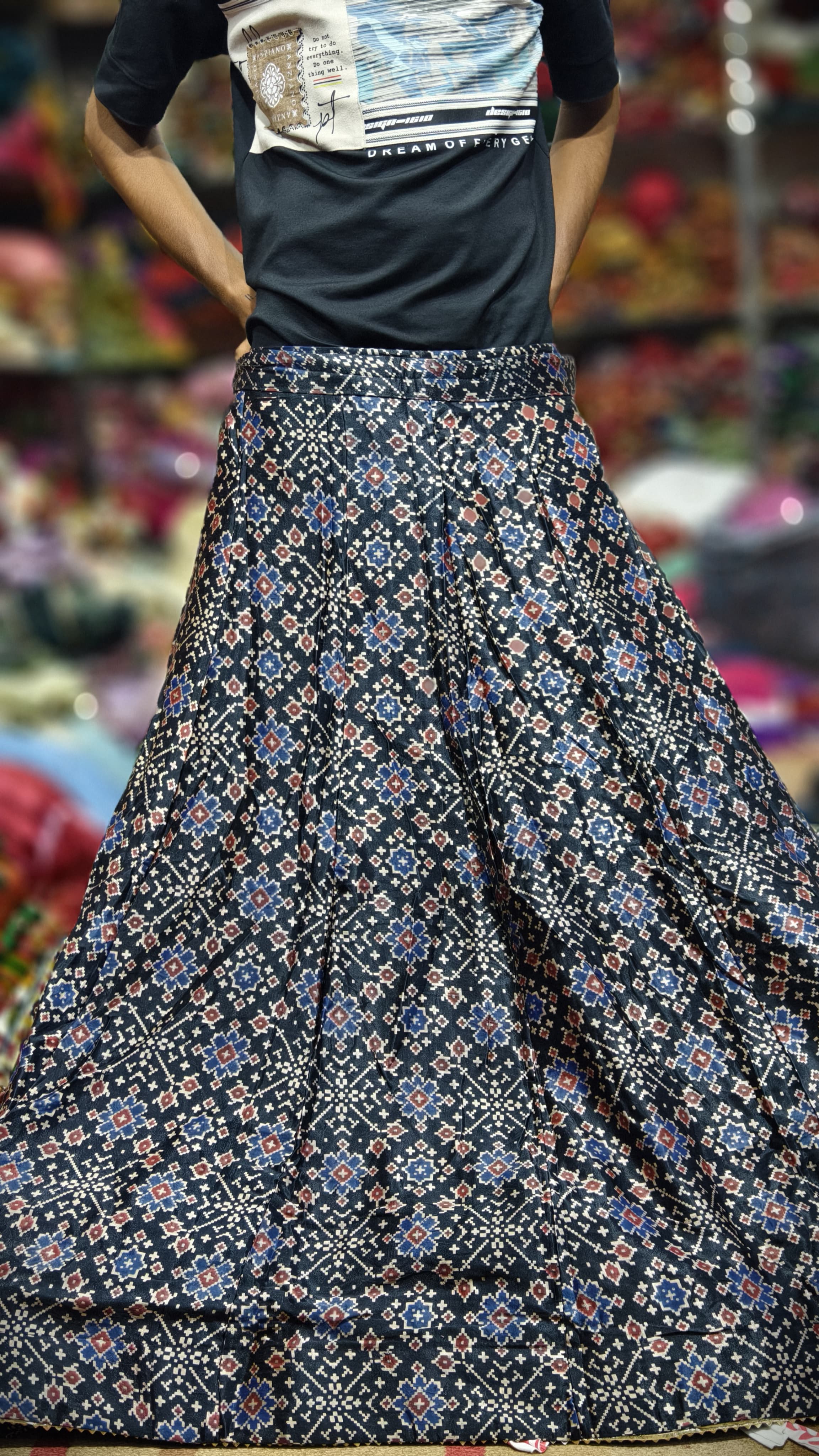 Pure Mashru Gaji Silk Ajrakh Hand Block Print Ghagra