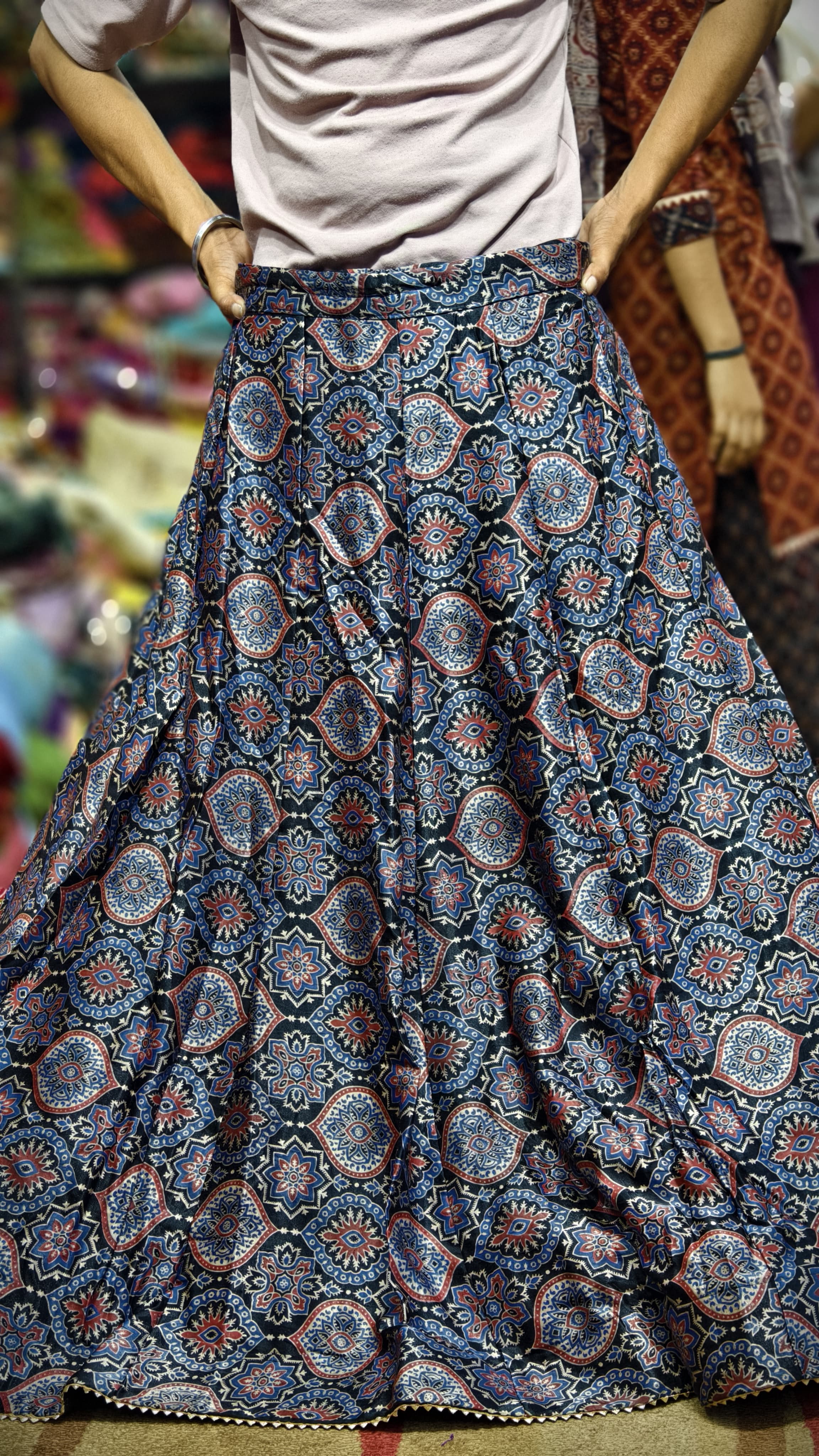 Pure Mashru Gaji Silk Ajrakh Hand Block Print Ghagra