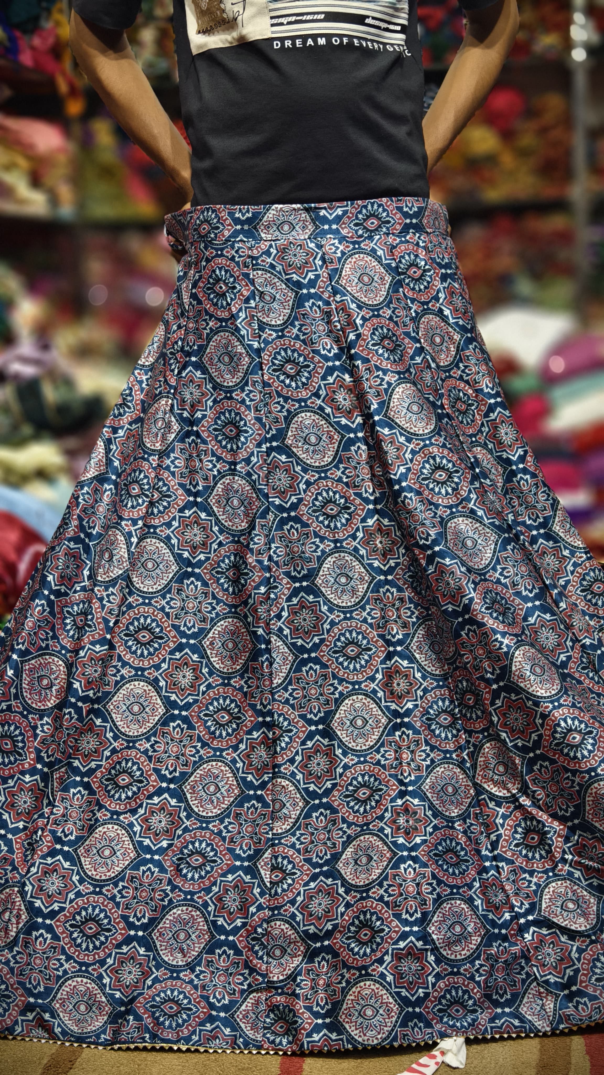 Pure Mashru Gaji Silk Ajrakh Hand Block Print Ghagra