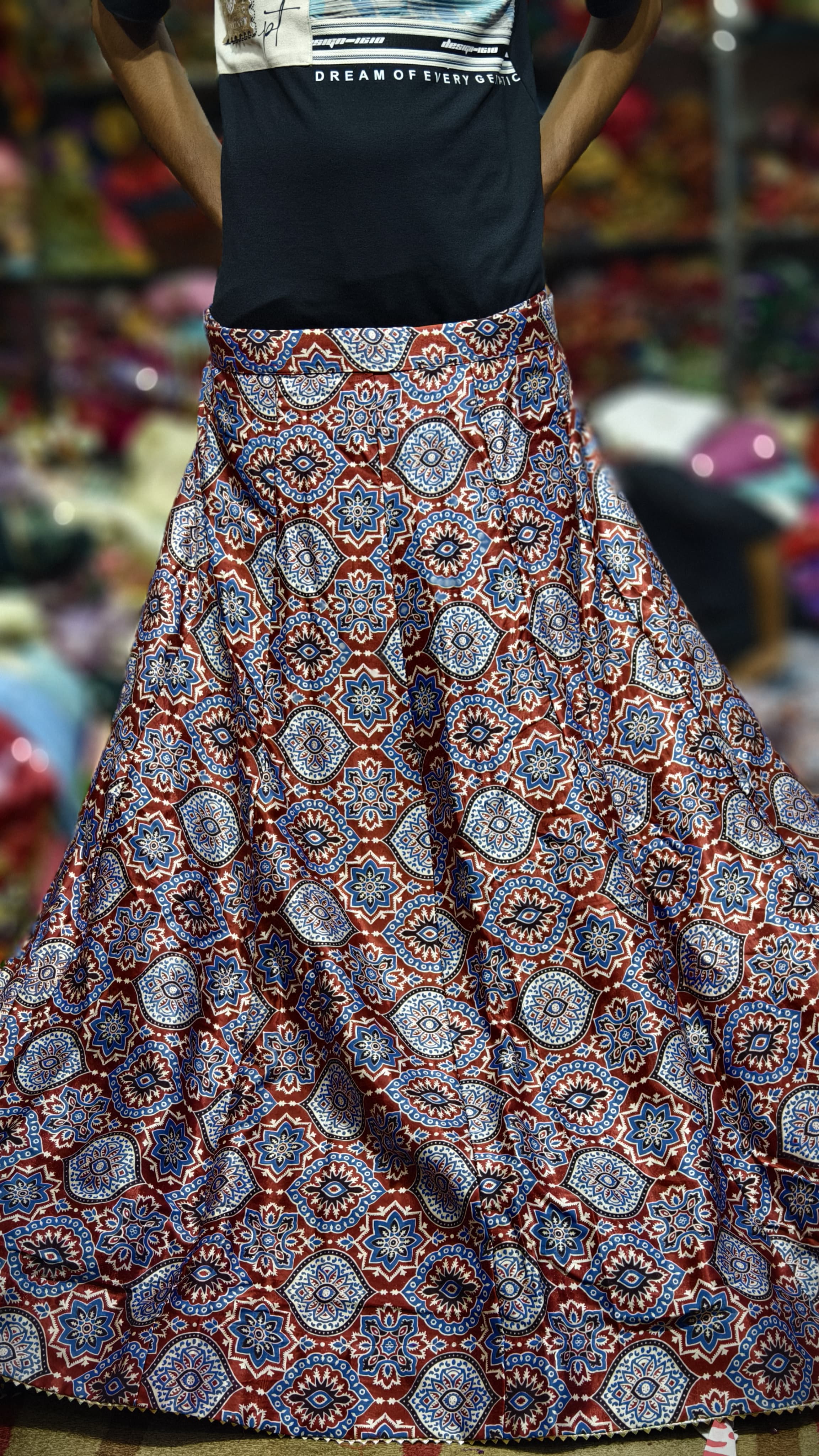 Pure Mashru Gaji Silk Ajrakh Hand Block Print Ghagra