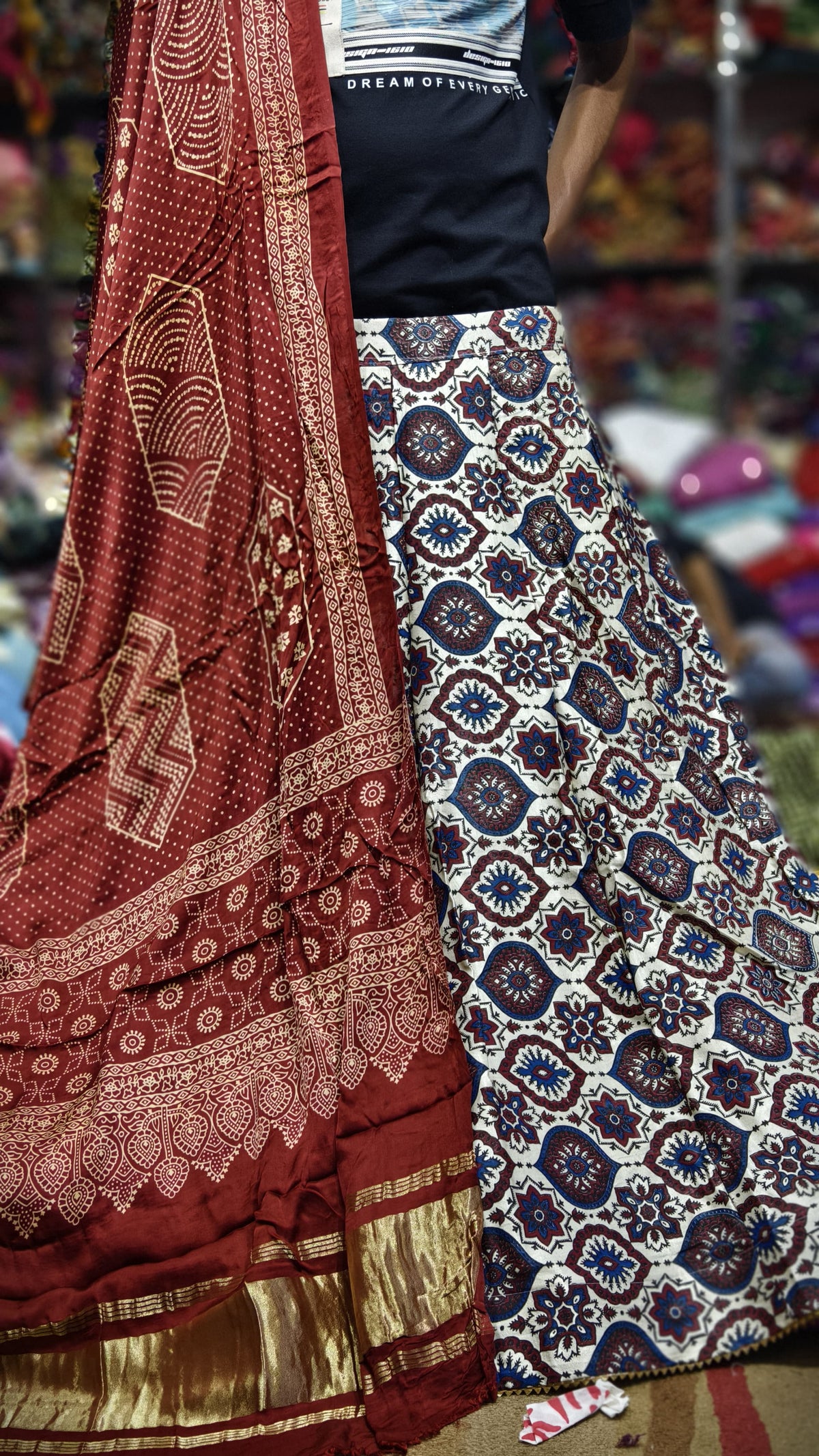 Pure Mashru Gaji Silk Ajrakh Hand Block Print Ghagra Set