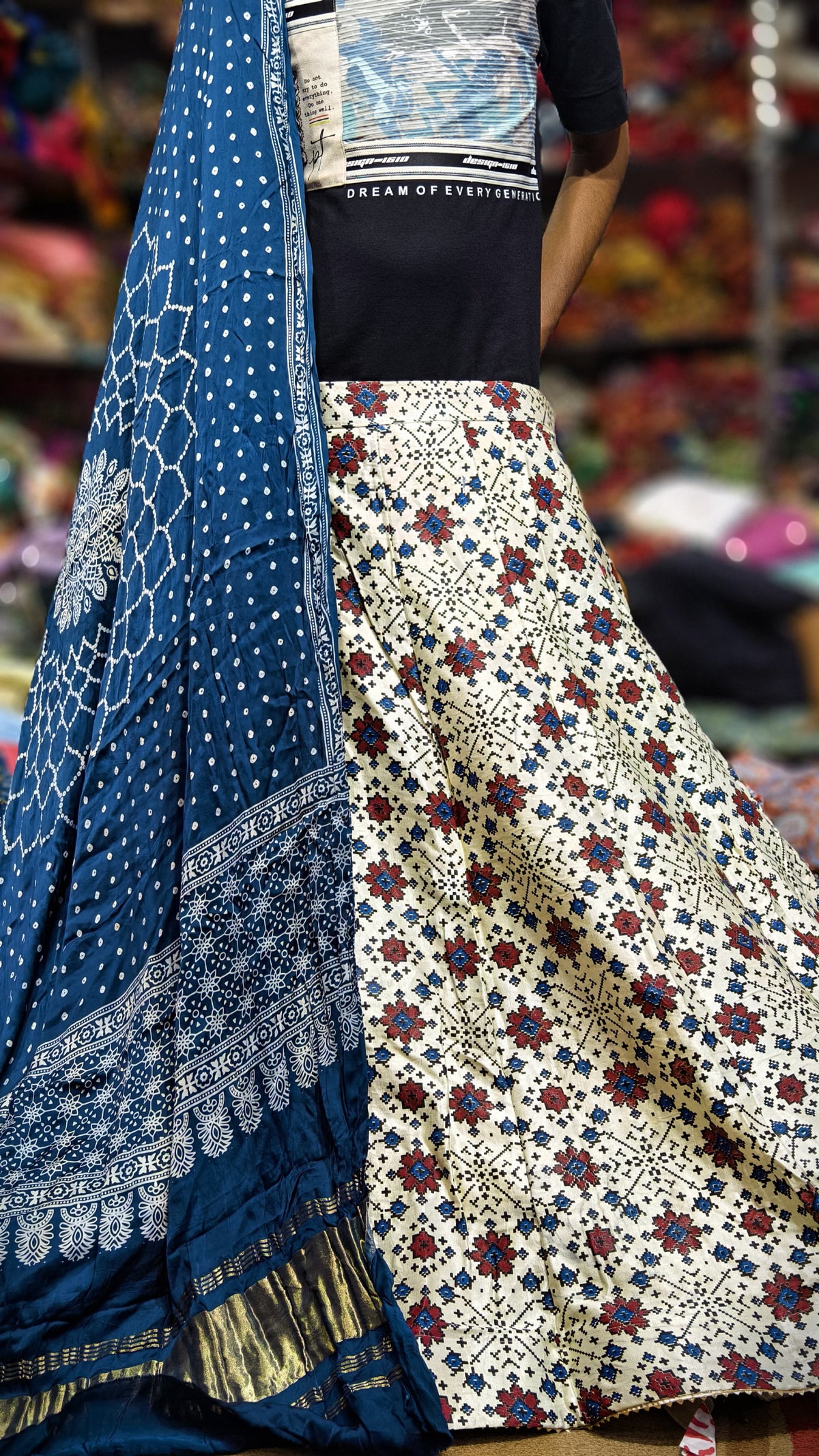 Pure Mashru Gaji Silk Ajrakh Hand Block Print Ghagra Set