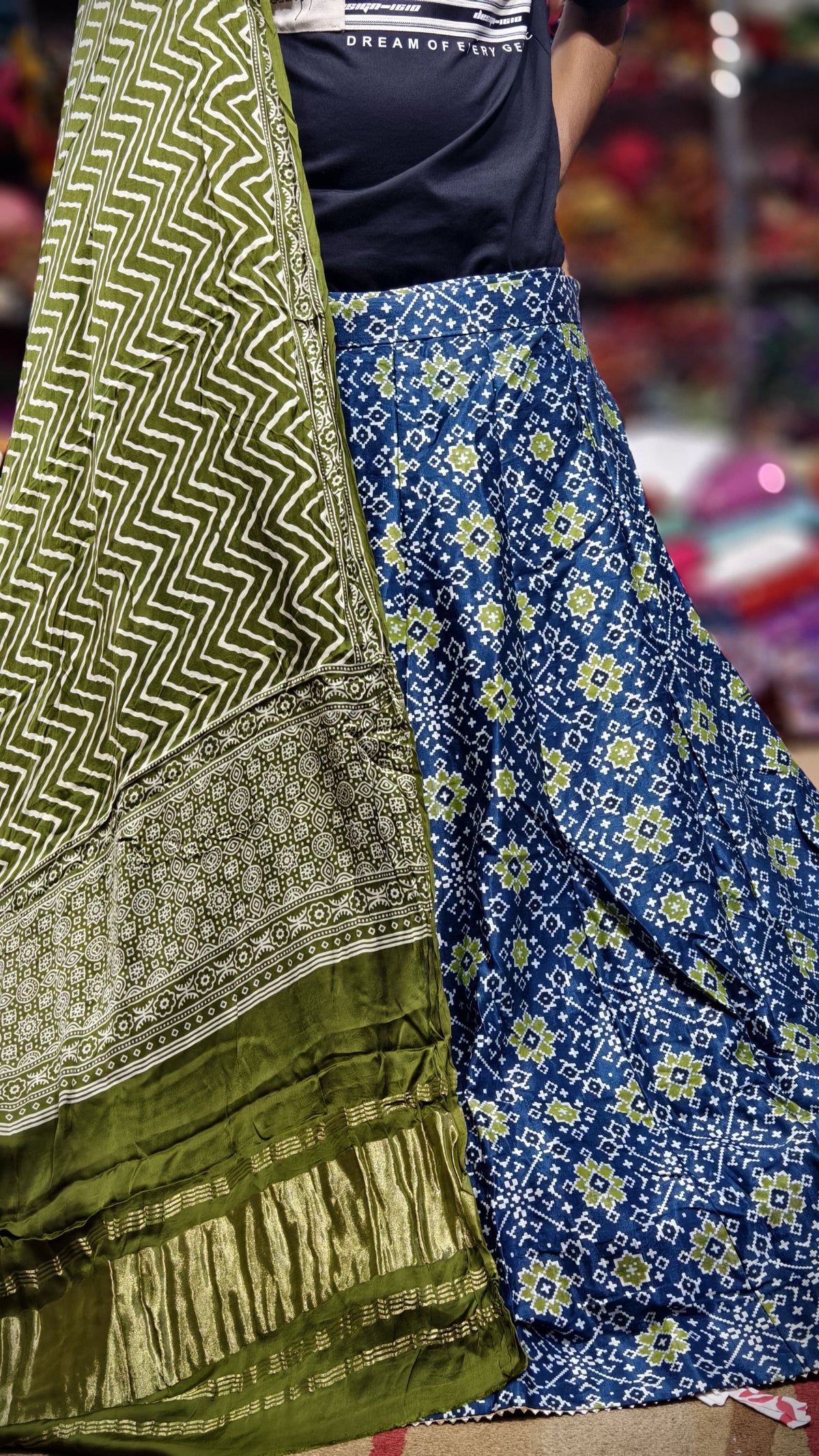 Pure Mashru Gaji Silk Ajrakh Hand Block Print Ghagra Set