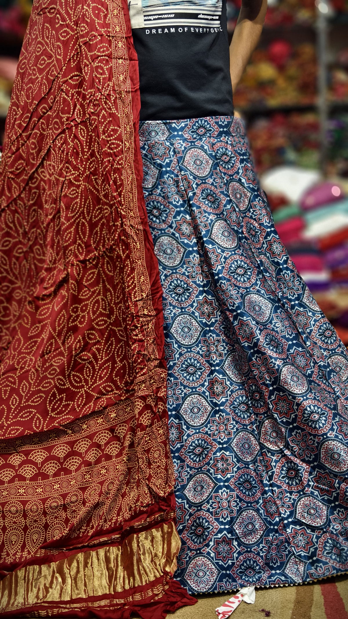 Pure Mashru Gaji Silk Ajrakh Hand Block Print Ghagra Set