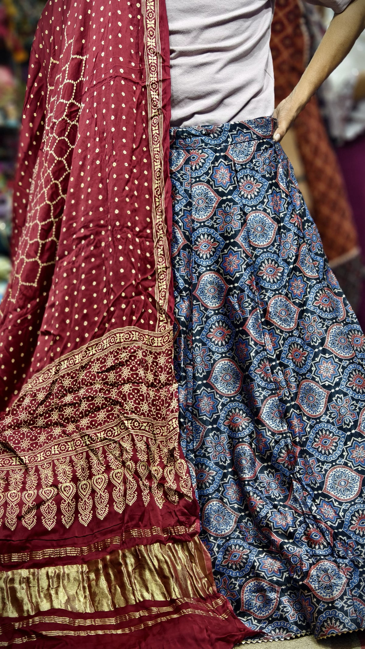 Pure Mashru Gaji Silk Ajrakh Hand Block Print Ghagra Set