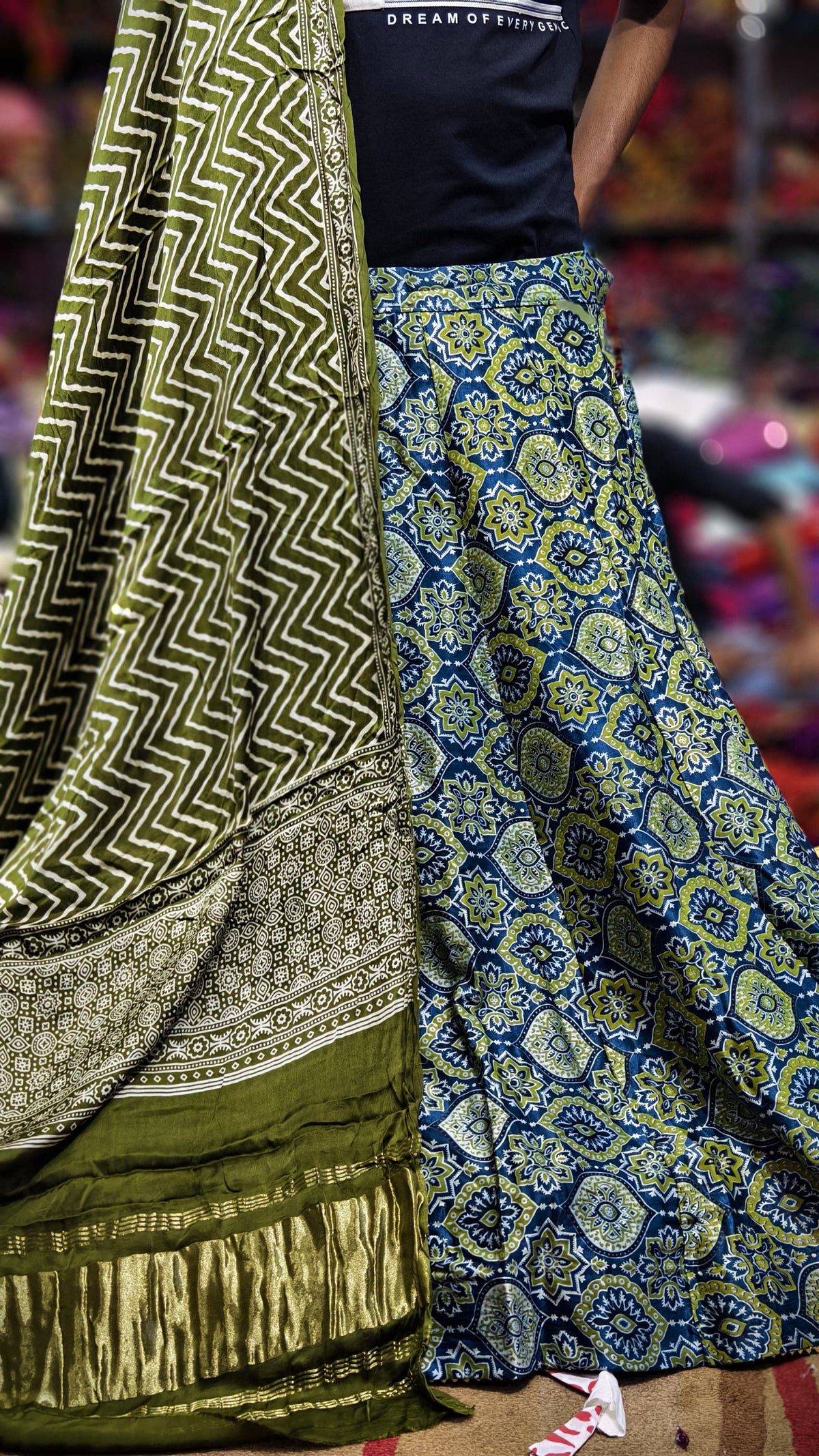 Pure Mashru Gaji Silk Ajrakh Hand Block Print Ghagra Set