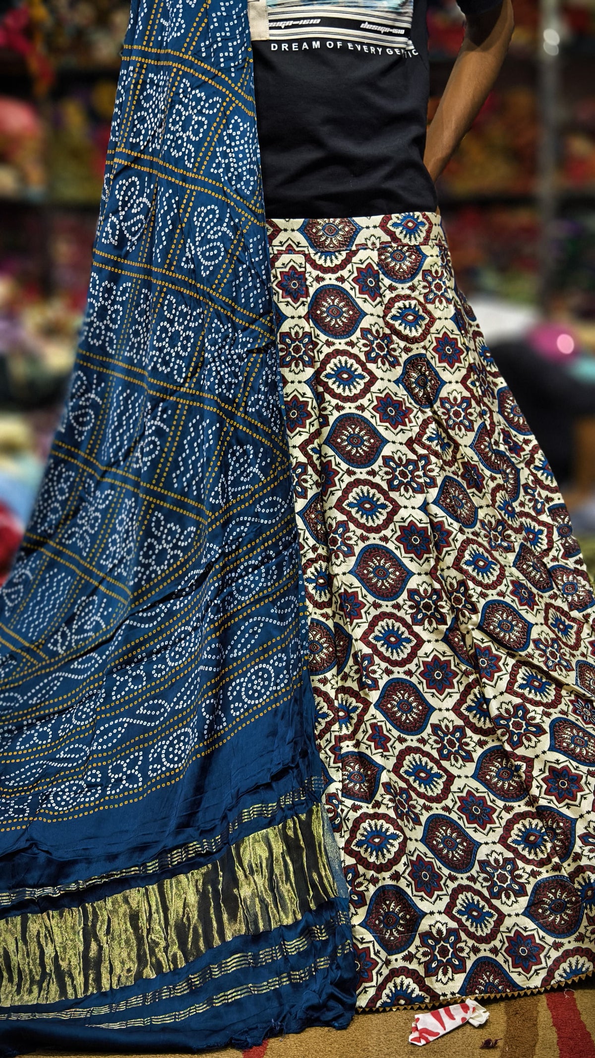 Pure Mashru Gaji Silk Ajrakh Hand Block Print Ghagra Set