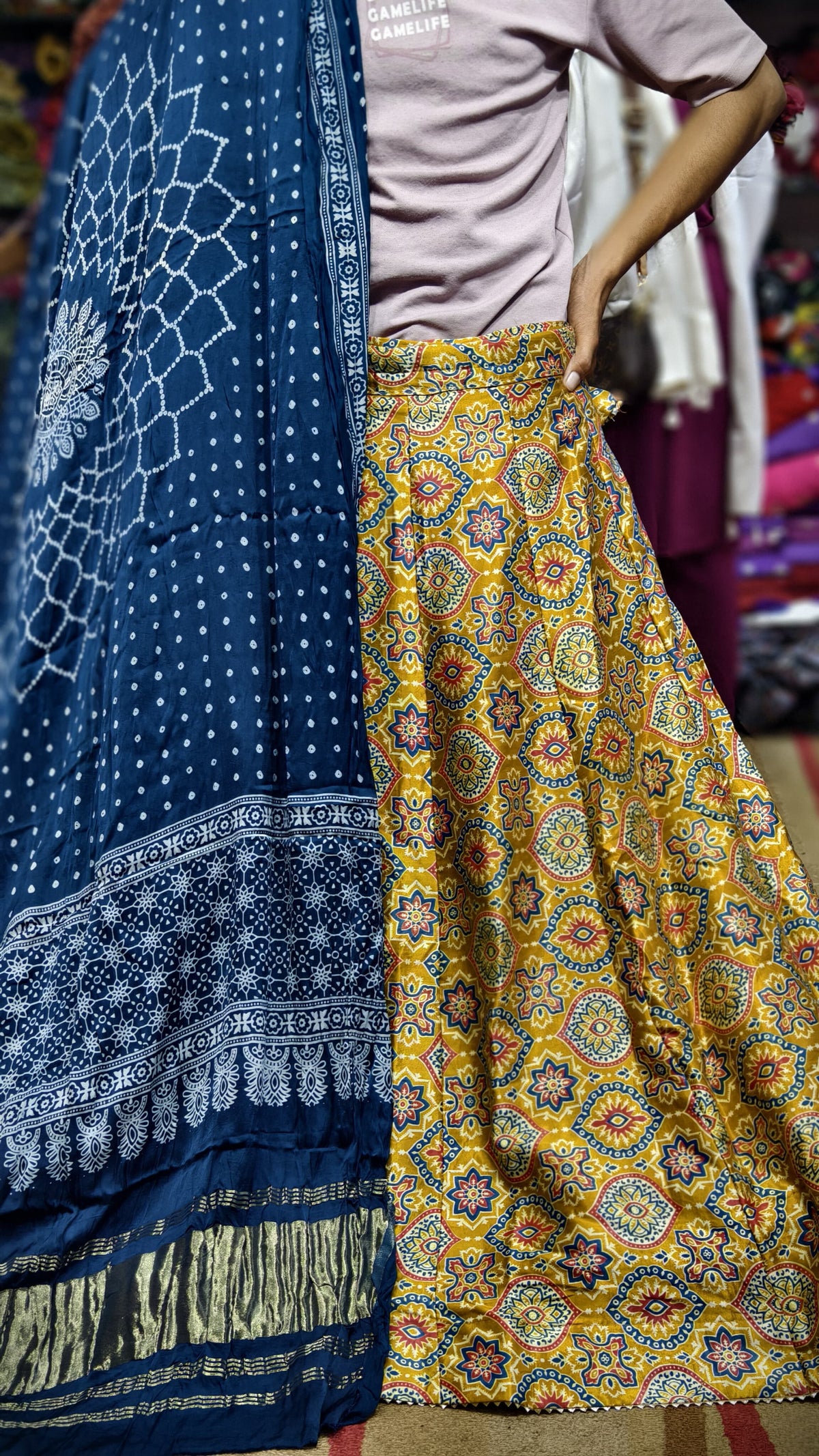 Pure Mashru Gaji Silk Ajrakh Hand Block Print Ghagra Set