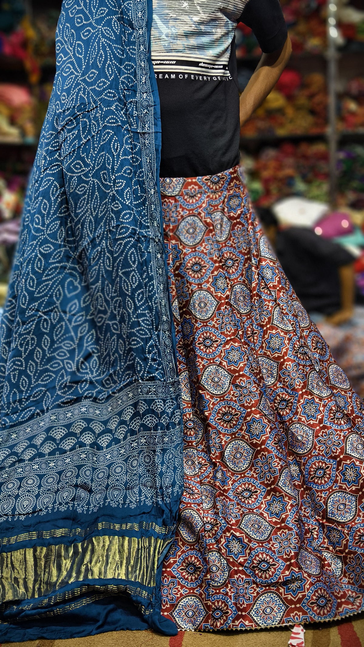 Pure Mashru Gaji Silk Ajrakh Hand Block Print Ghagra Set