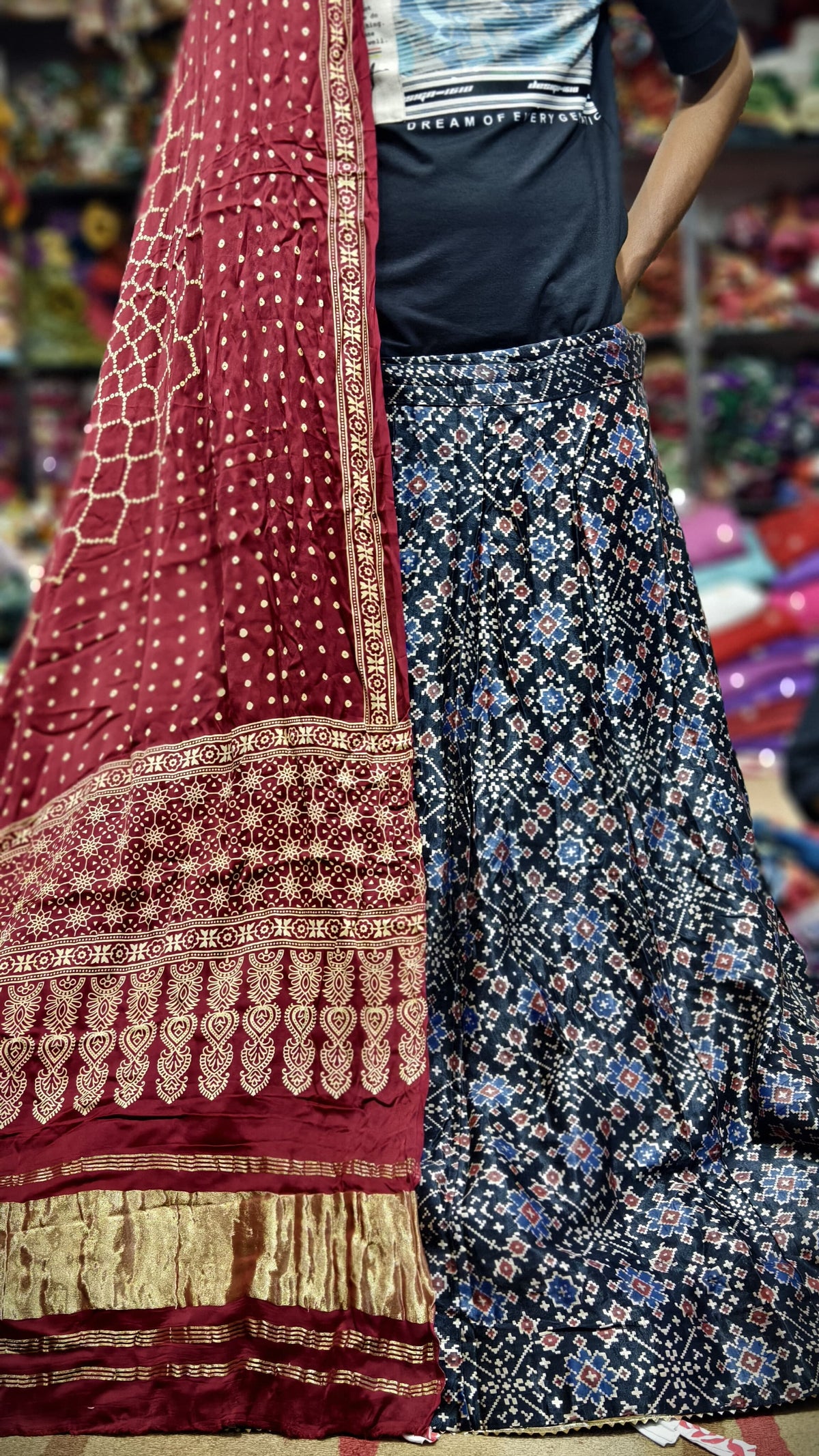 Pure Mashru Gaji Silk Ajrakh Hand Block Print Ghagra Set