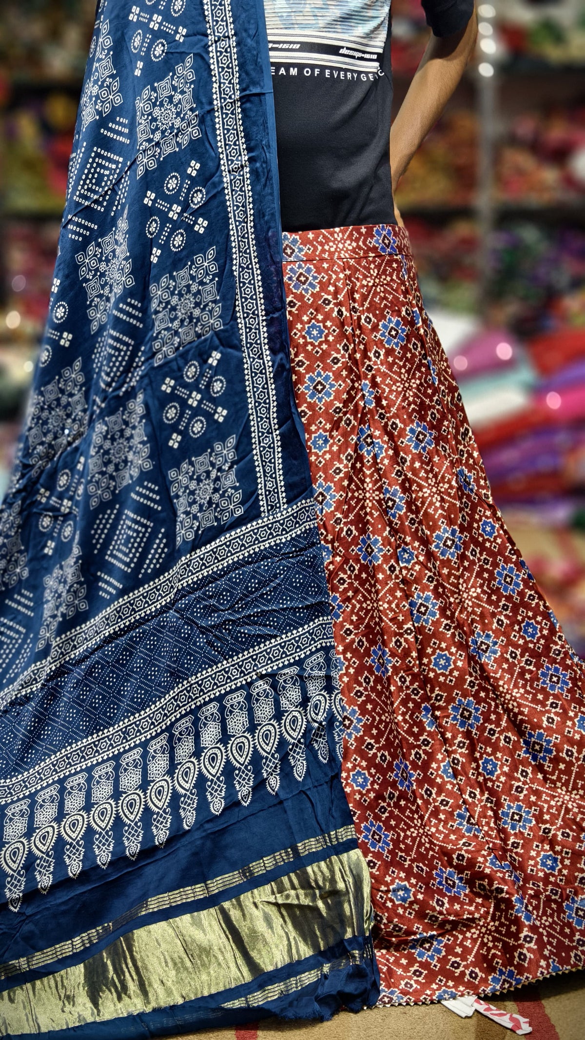 Pure Mashru Gaji Silk Ajrakh Hand Block Print Ghagra Set