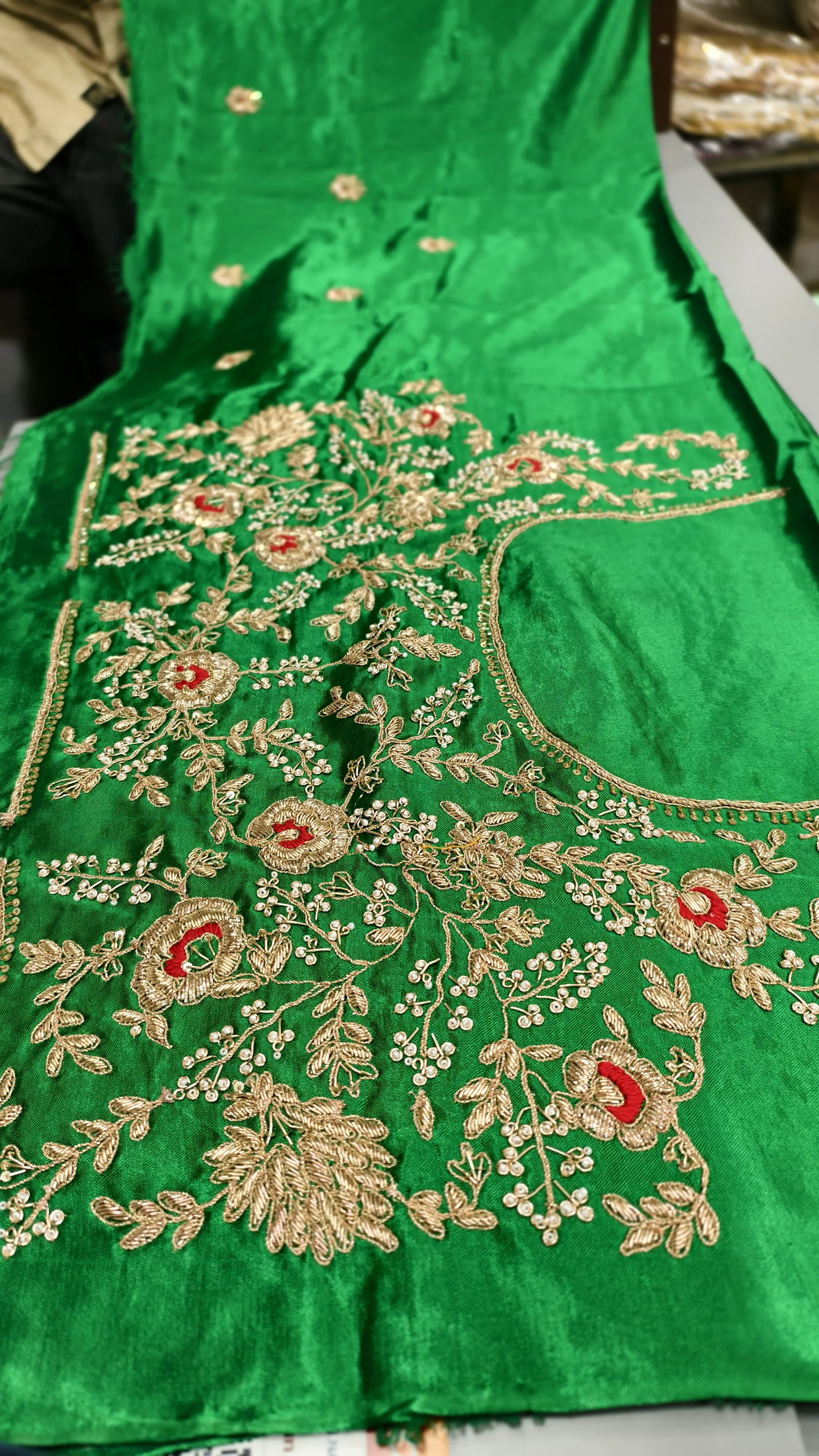 Pure Mashru Gaji Silk Blouse Piece with Pearl Jardoshi Work