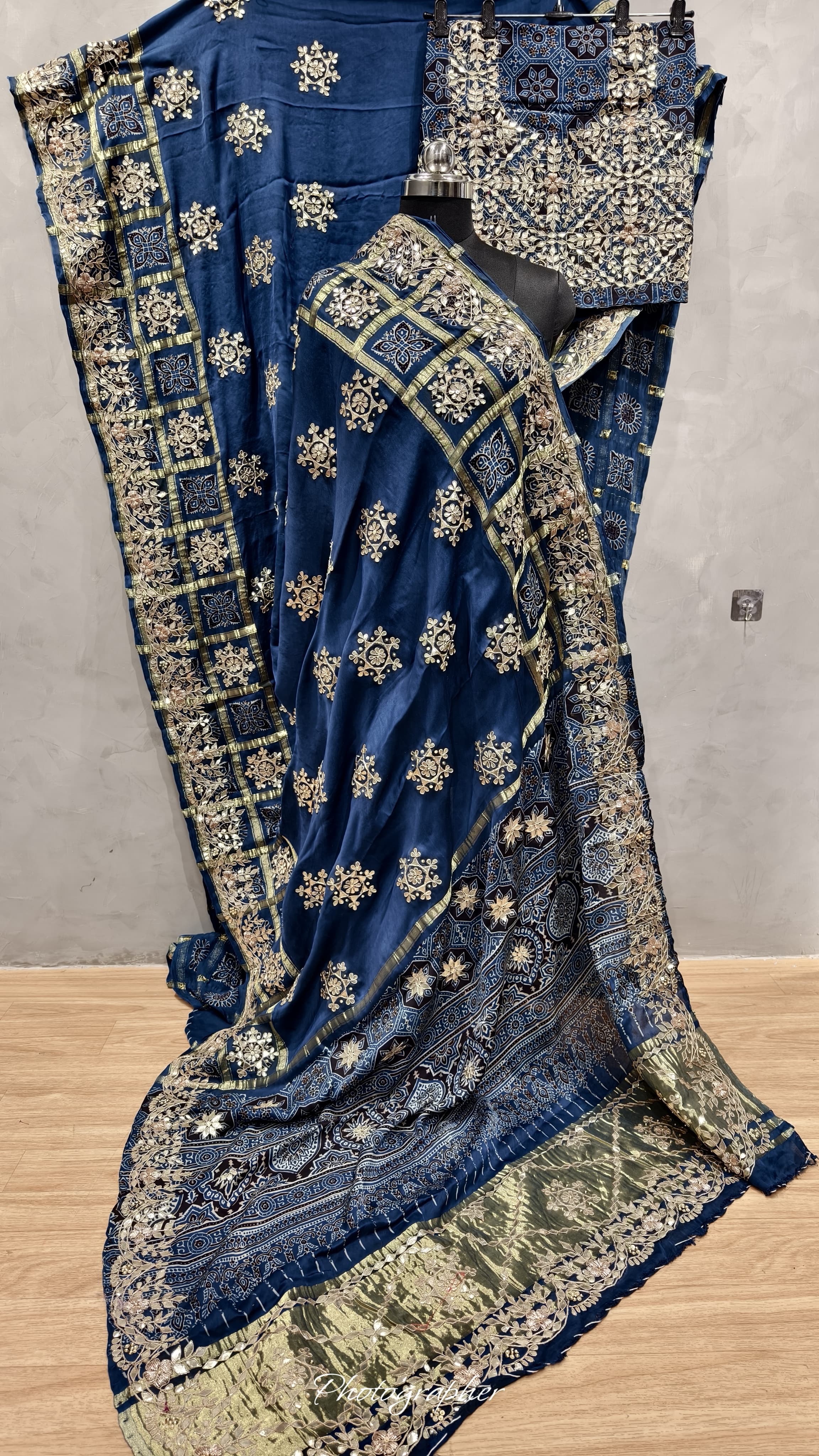 Pure Modal Gaji Silk Ajrakh Print Double Chex Pallu Saree With Original Gotta Patti Hand Work Lagdii Patta