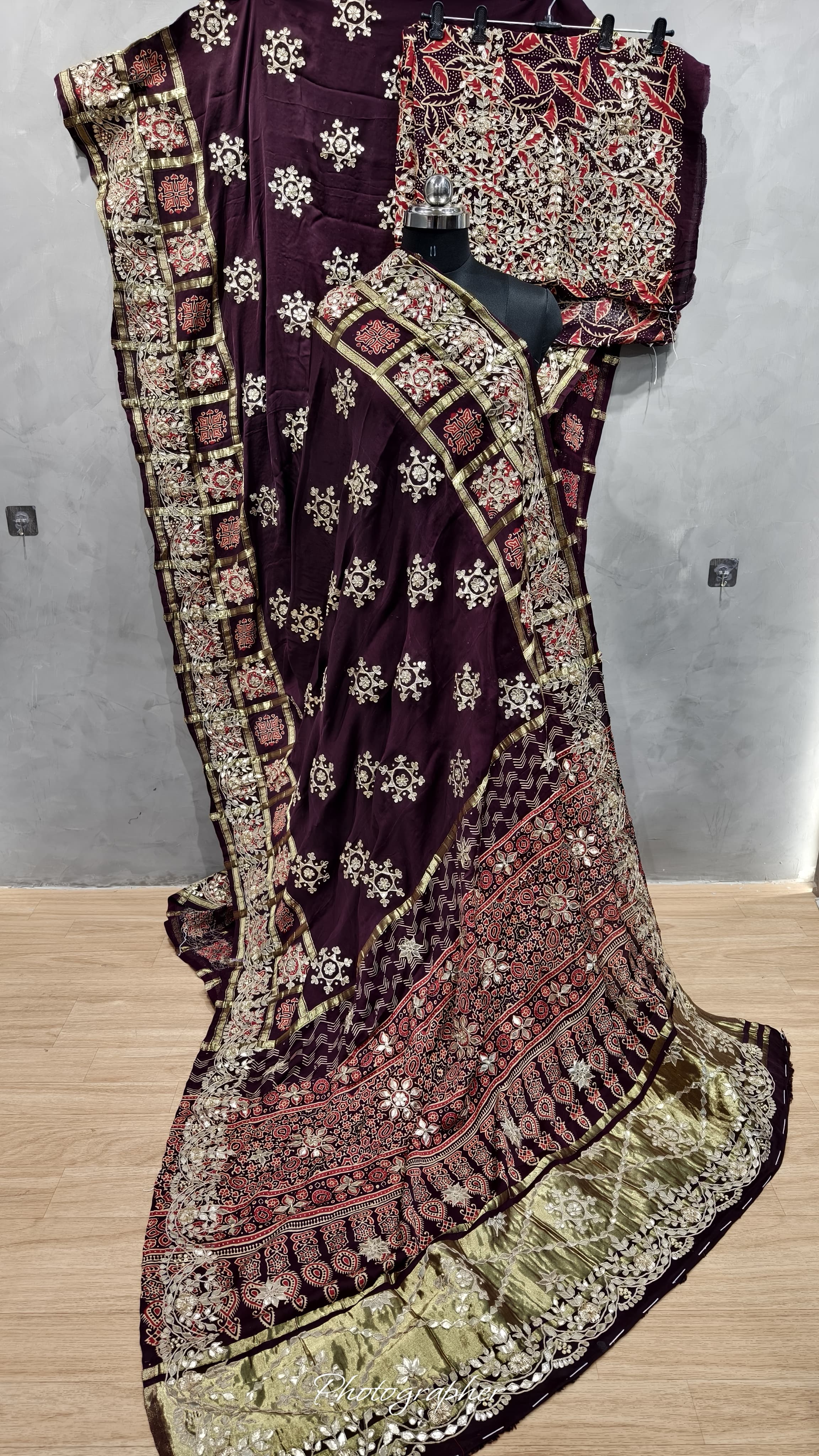 Pure Modal Gaji Silk Ajrakh Print Double Chex Pallu Saree With Original Gotta Patti Hand Work Lagdii Patta