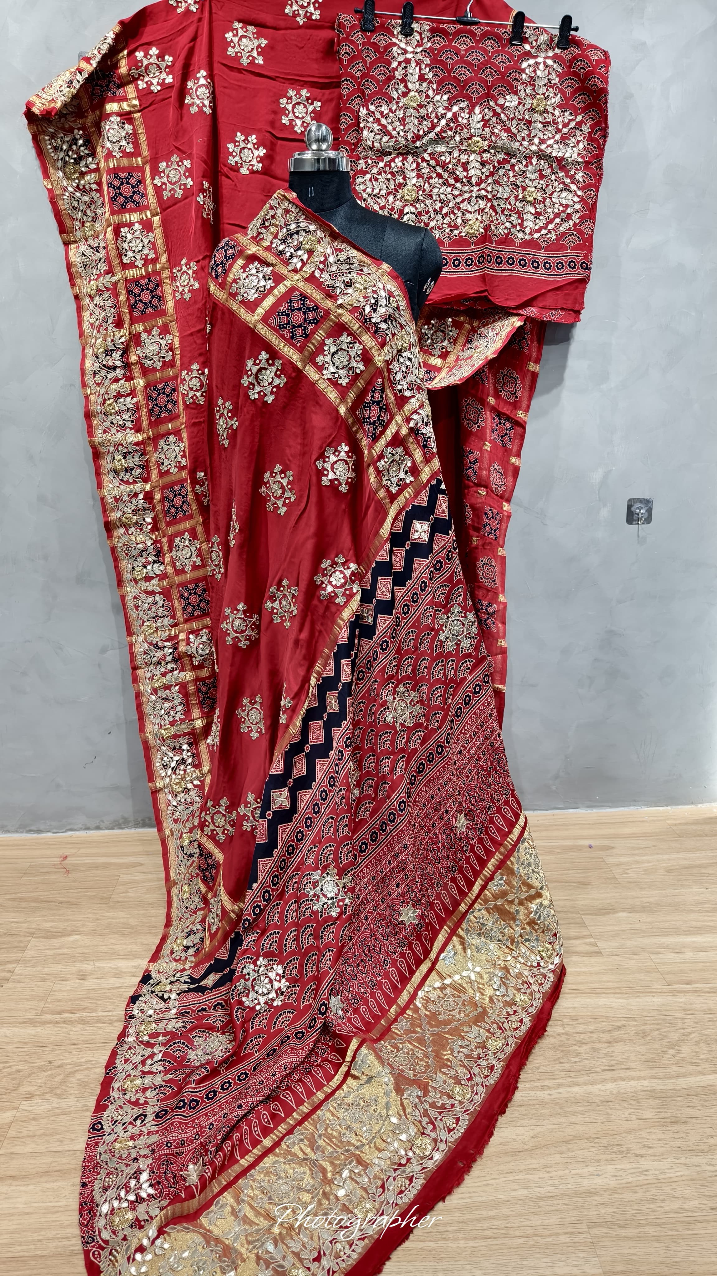 Pure Modal Gaji Silk Ajrakh Print Double Chex Pallu Saree With Original Gotta Patti Hand Work Lagdii Patta
