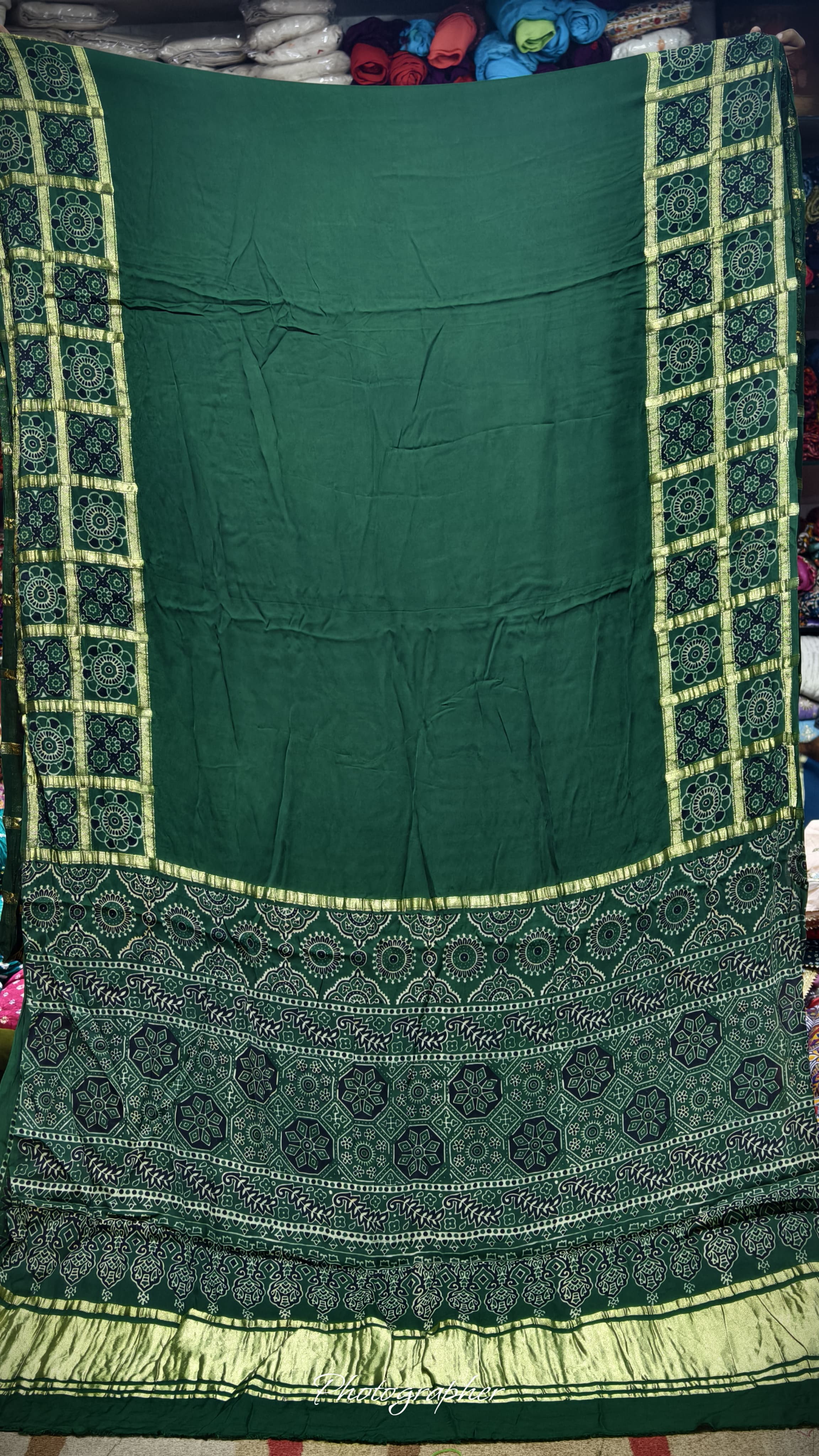 Pure Modal Gaji Silk Hand Ajrakh Print Saree With Gada Double Chex Border Design