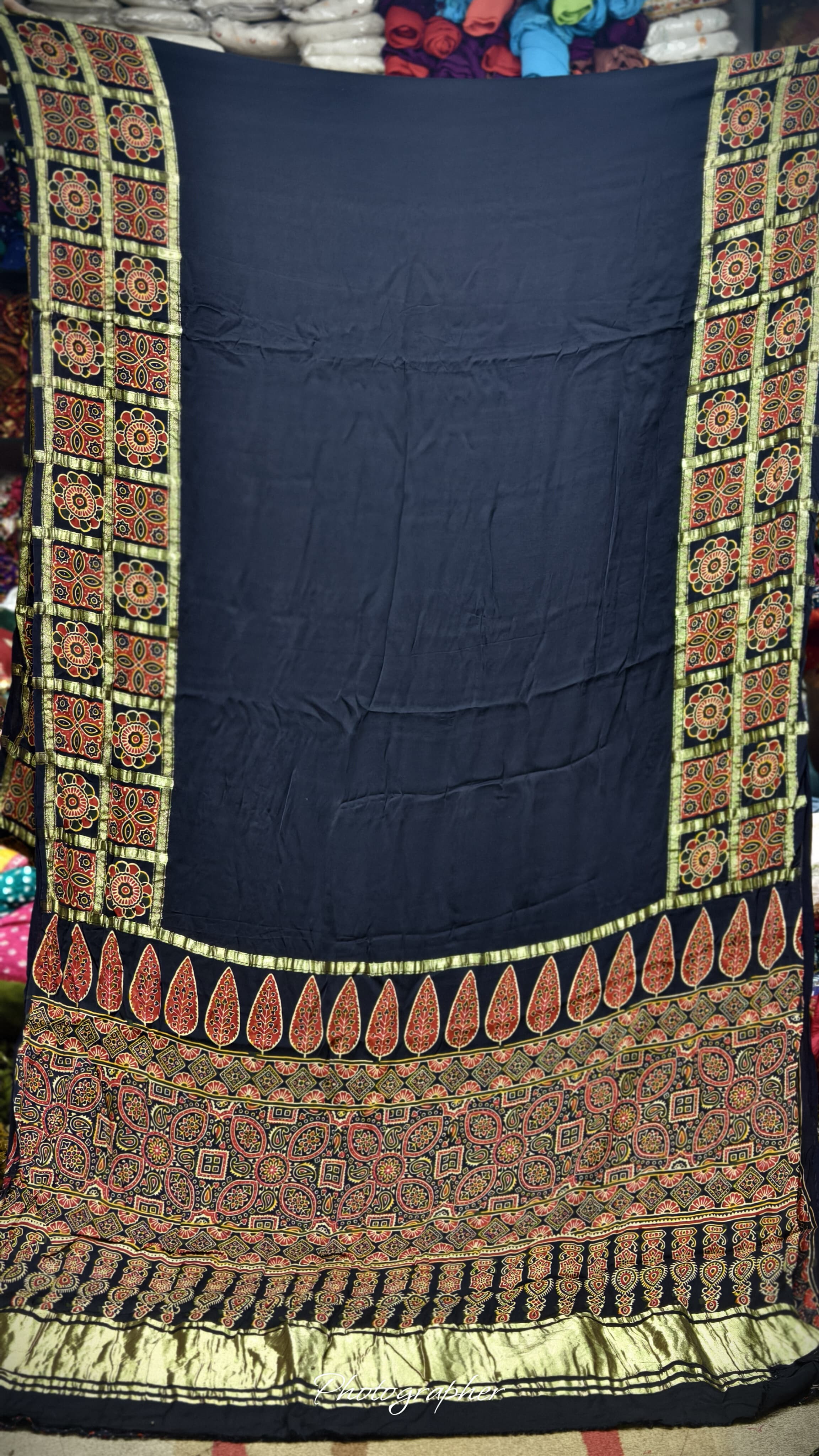 Pure Modal Gaji Silk Hand Ajrakh Print Saree With Gada Double Chex Border Design