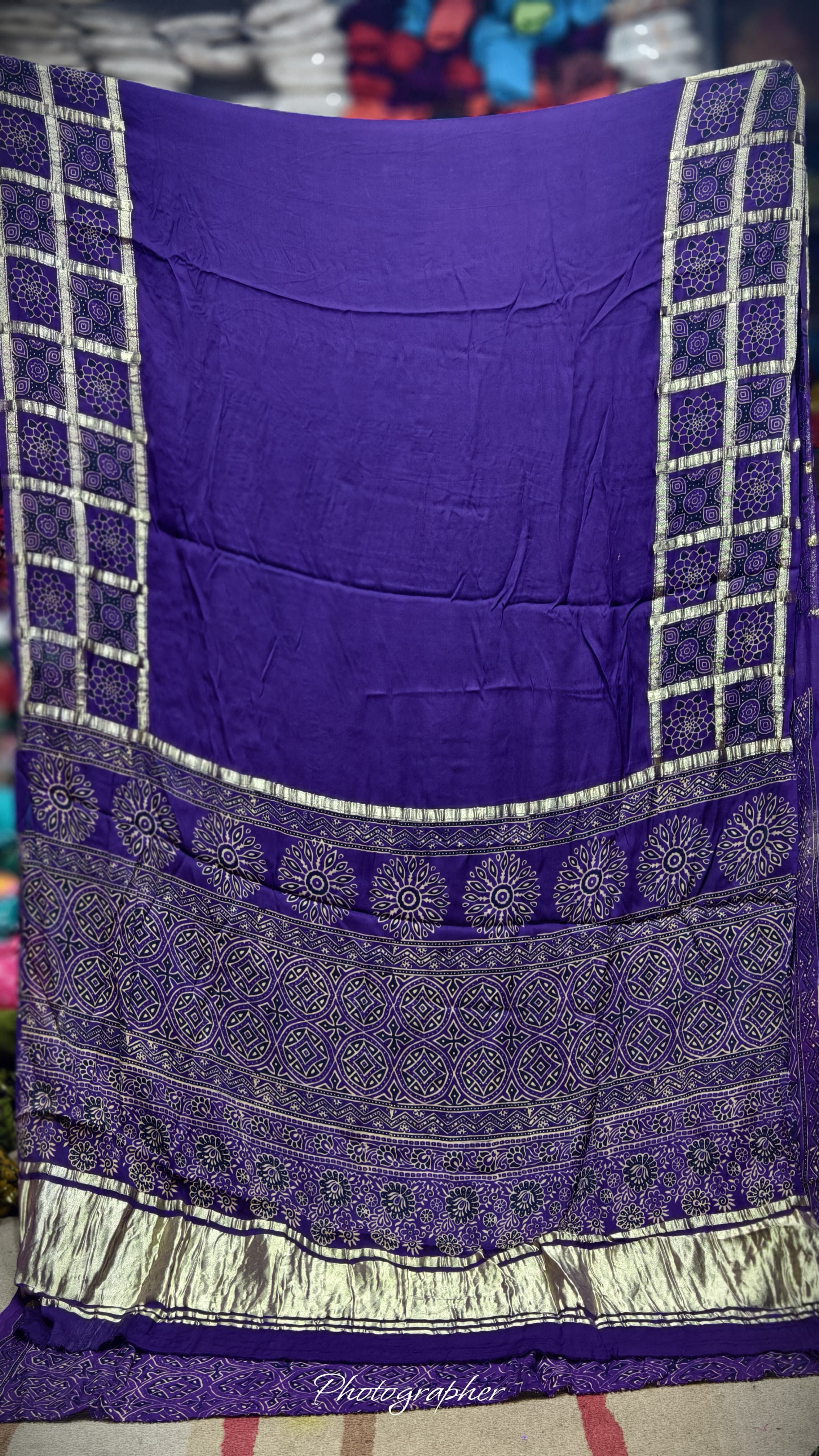 Pure Modal Gaji Silk Hand Ajrakh Print Saree With Gada Double Chex Border Design
