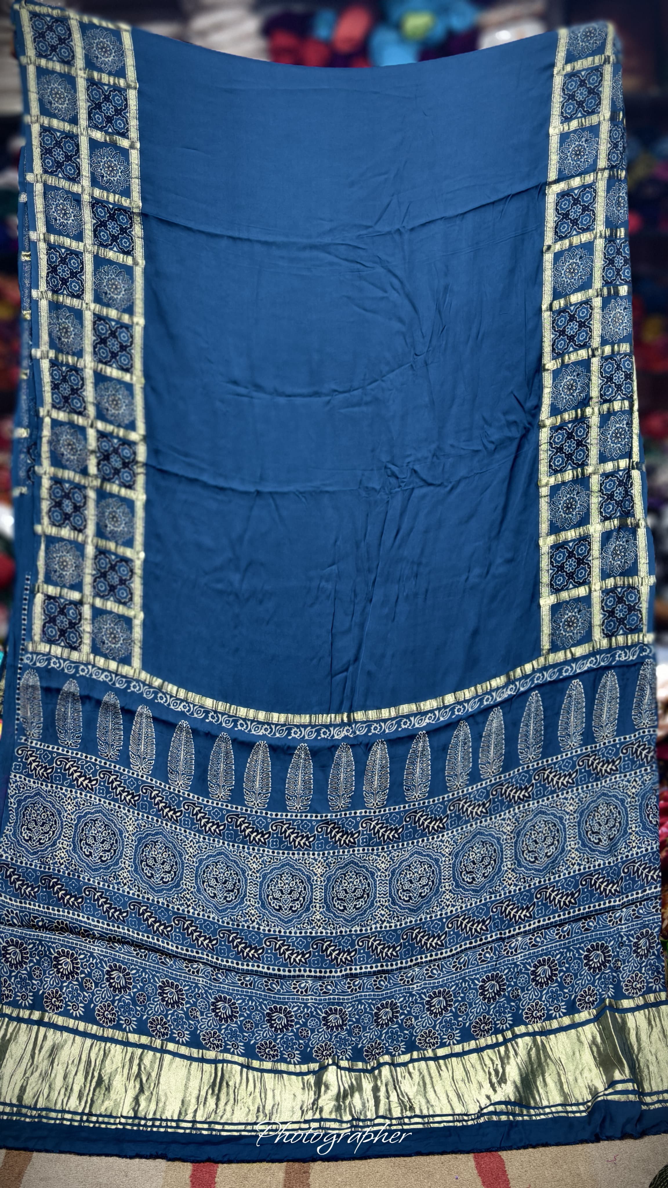 Pure Modal Gaji Silk Hand Ajrakh Print Saree With Gada Double Chex Border Design