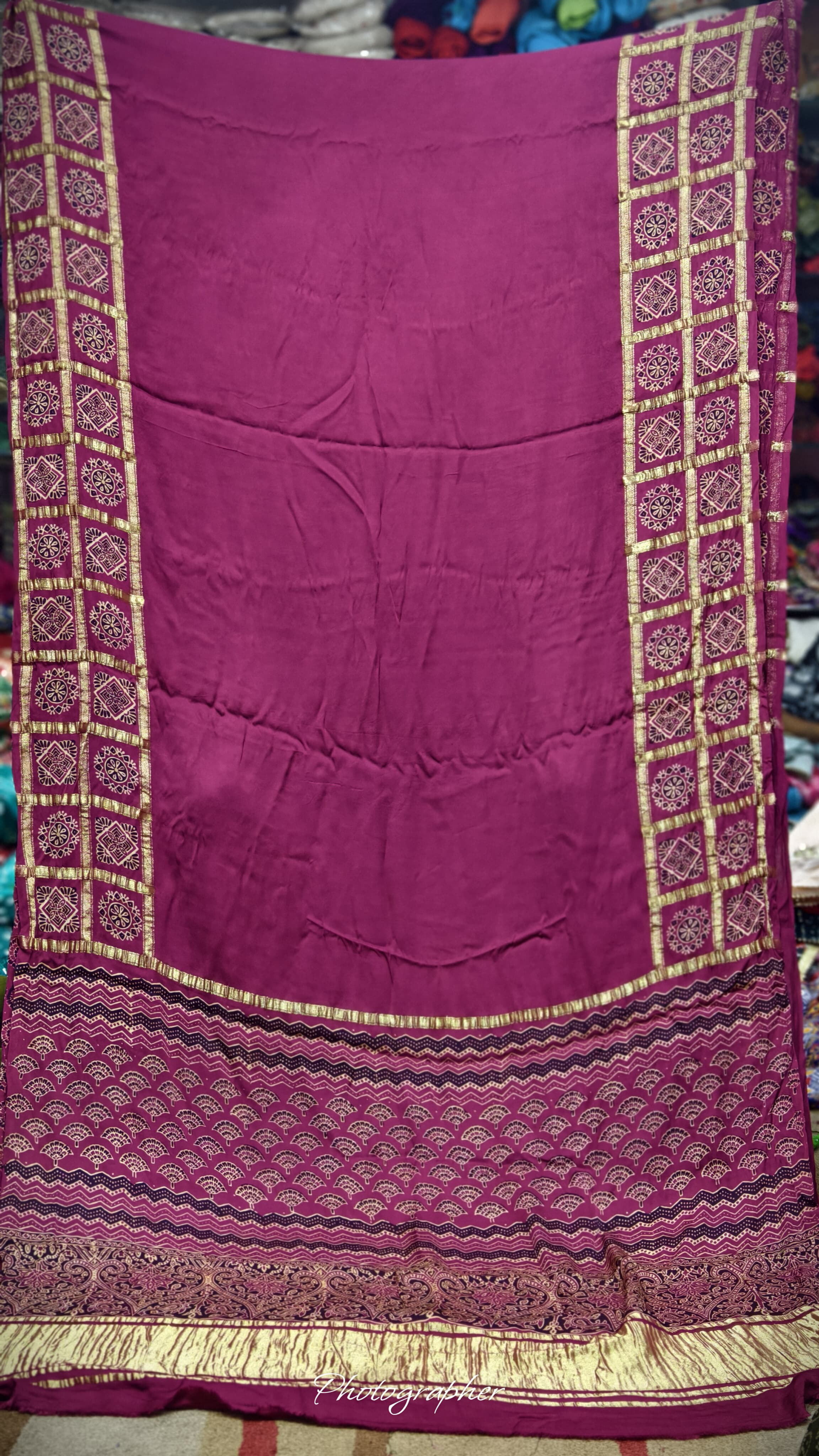 Pure Modal Gaji Silk Hand Ajrakh Print Saree With Gada Double Chex Border Design