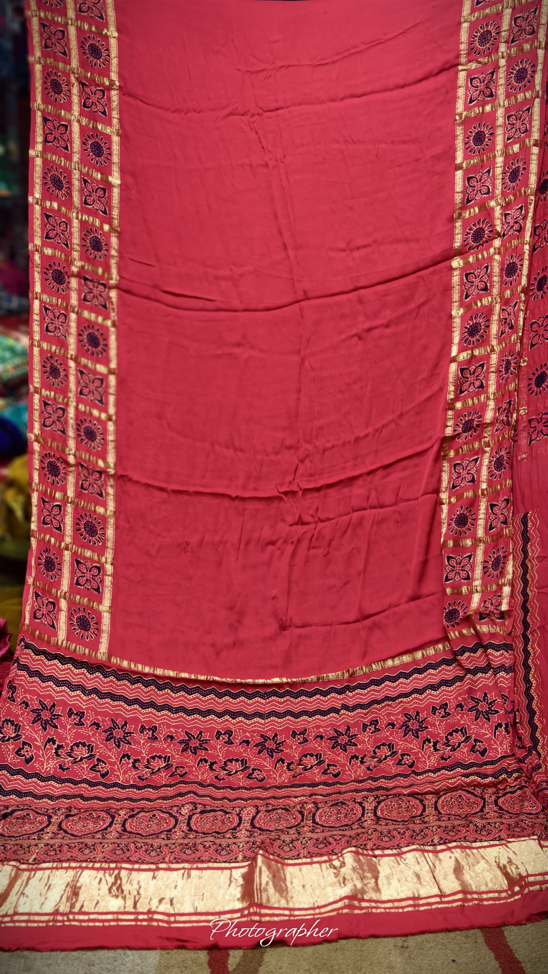 Pure Modal Gaji Silk Hand Ajrakh Print Saree With Gada Double Chex Border Design