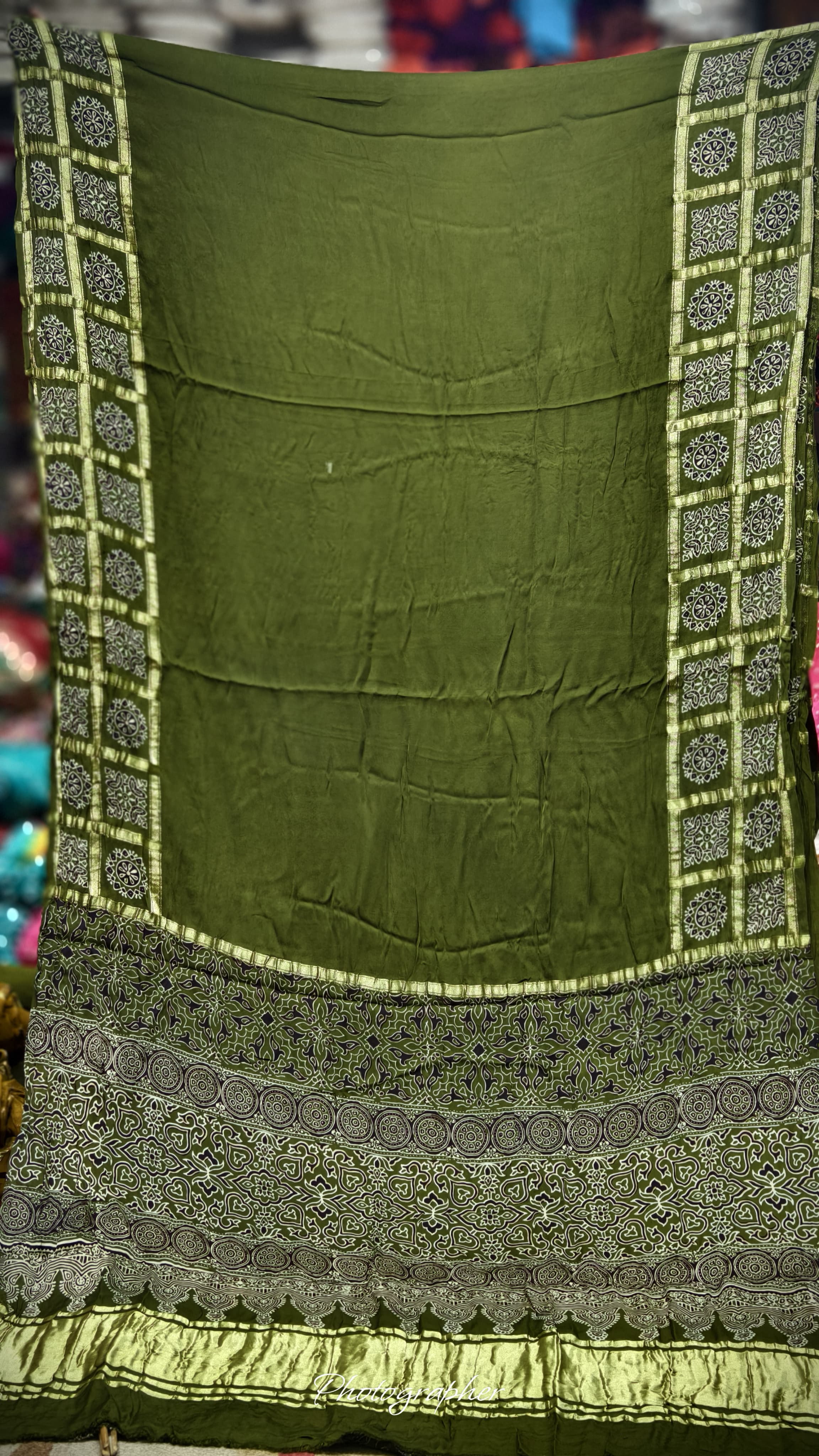 Pure Modal Gaji Silk Hand Ajrakh Print Saree With Gada Double Chex Border Design