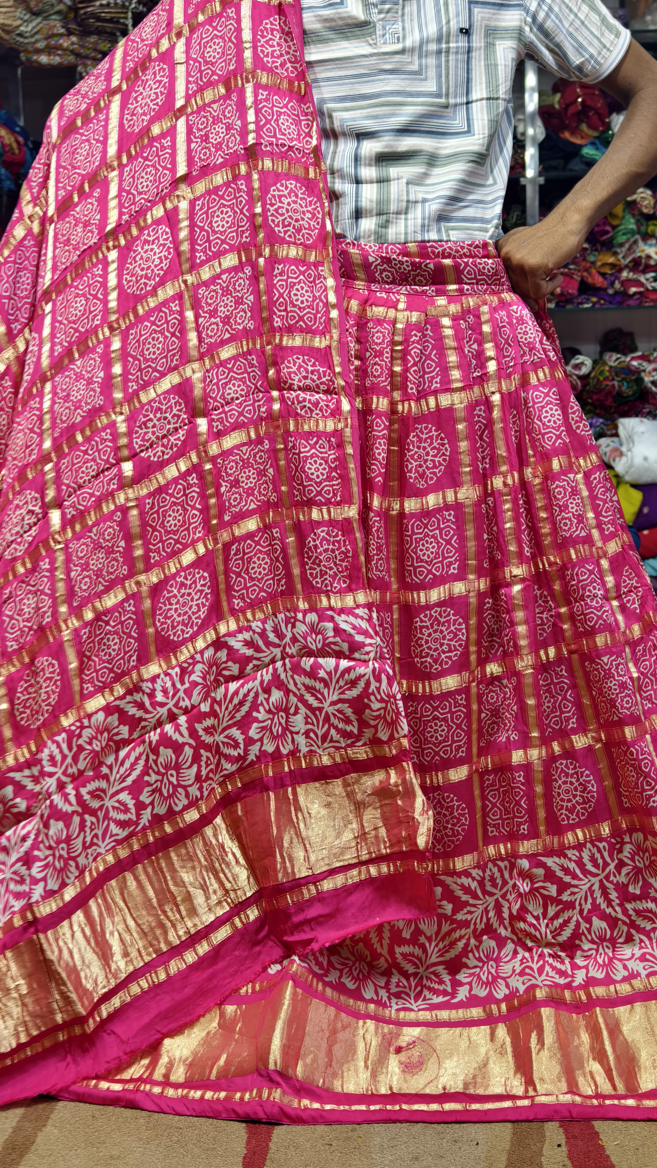 Pure Modal Gaji Silk Hand Bandej Gharchola Pattern Ghagra & Blouse with Pure Modal Gaji Silk Chex Dupatta with Lagdi Patta