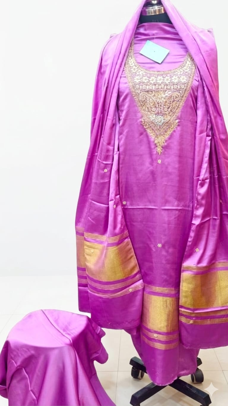 Pure Hand Work Modal Gaji Silk 3 Piece Suit with Lagdi Pallu Dupatta