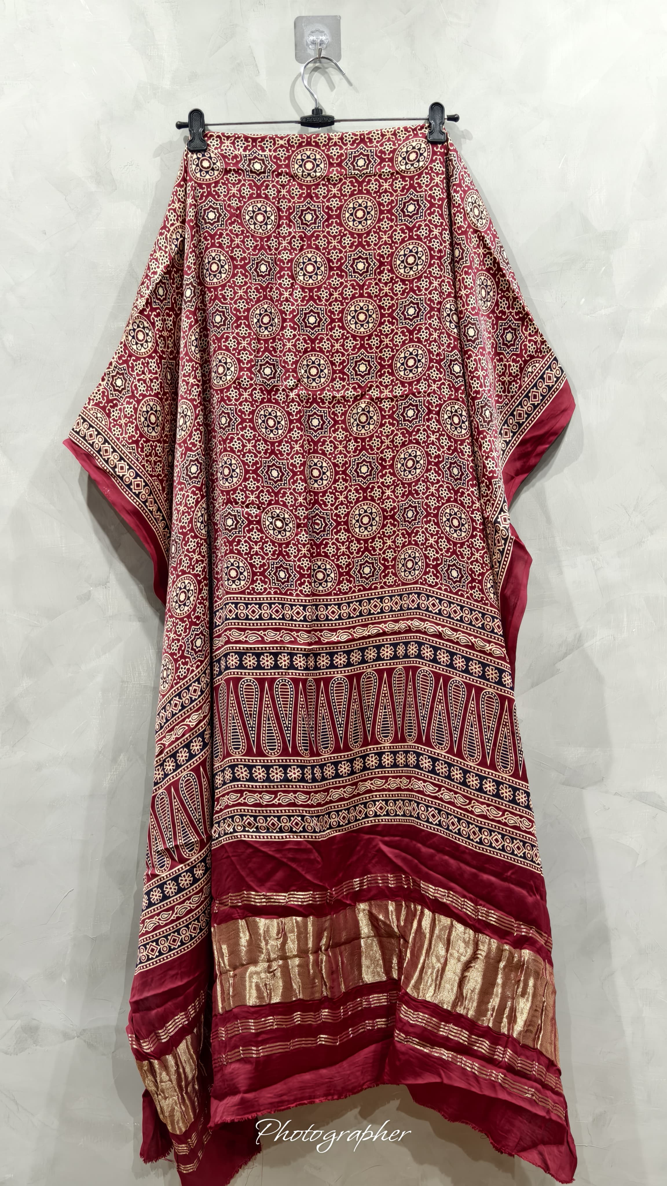 Pure Modal Gaji Silk Hand  Ajrakh Block Print Dupata With Lagdi Pallu